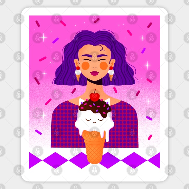 Happy girl with purple hair and kitty ice cream, version 5 Sticker by iulistration